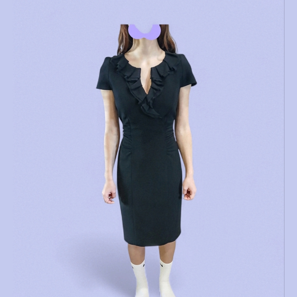 WHBM Black Dress Sz 8.Vneck, Ruffle,Cap Sleeve,Rouch Waist Formal,Cocktail,Event